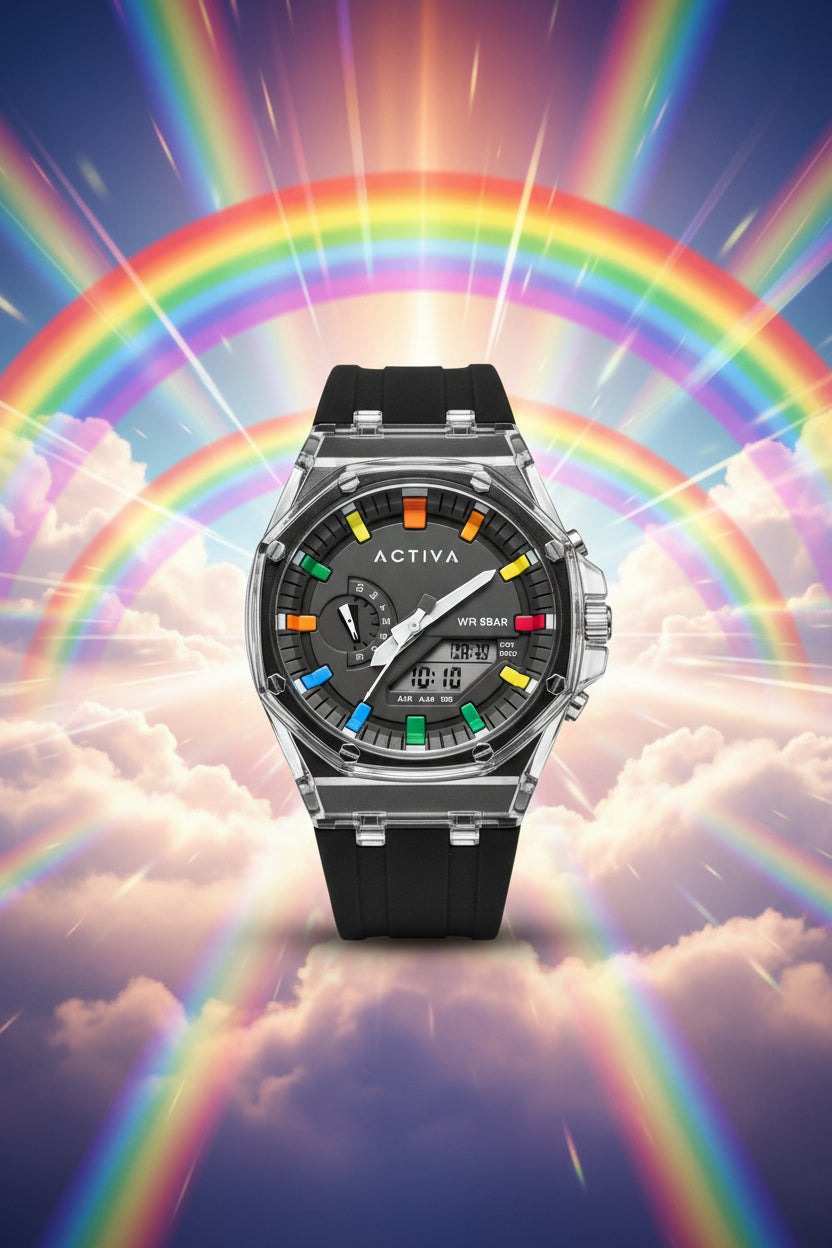 Activa Kaleido Rainbow Wristwatch with clear case and black strap on a light gray background