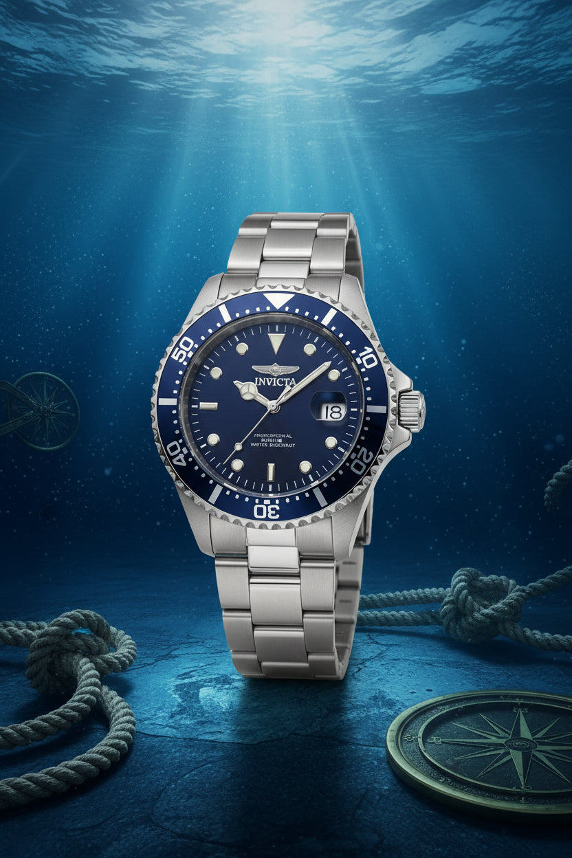 Mens 43mm Pro Diver Silver Invicta watch on a white surface with packaging in the background