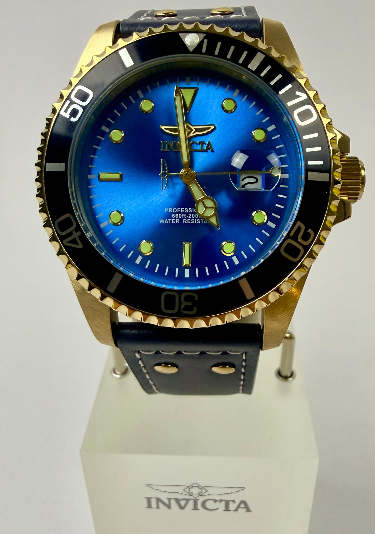22076 43mm Mens Pro Diver  Blue Dial Watch Leather Strap Special Case