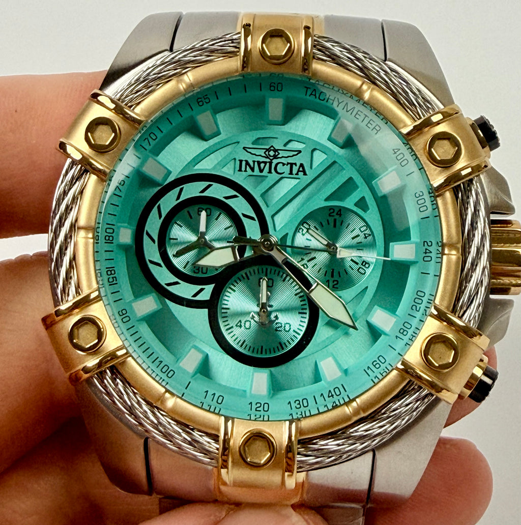 69802 Invicta Mens Bolt Valkir Gold 2 Tone Braided Steel Light Blue Dial 52mm Watch