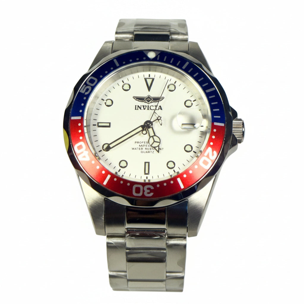 8933 Mens Pro Diver 38mm Silver Dial Pepsi Bezel 200M SS Bracelet IM-Q-019