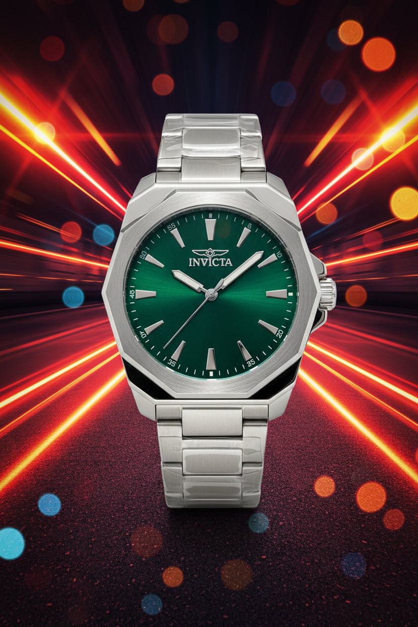 Mens 42mm Invicta Speedway Dominus Silver  watch with green dial on a white background