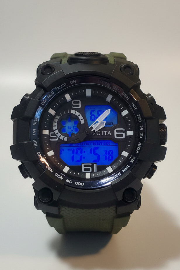 Activa Tactical X Black digital watch with blue display on a white surface, branded 'Invicta'.
