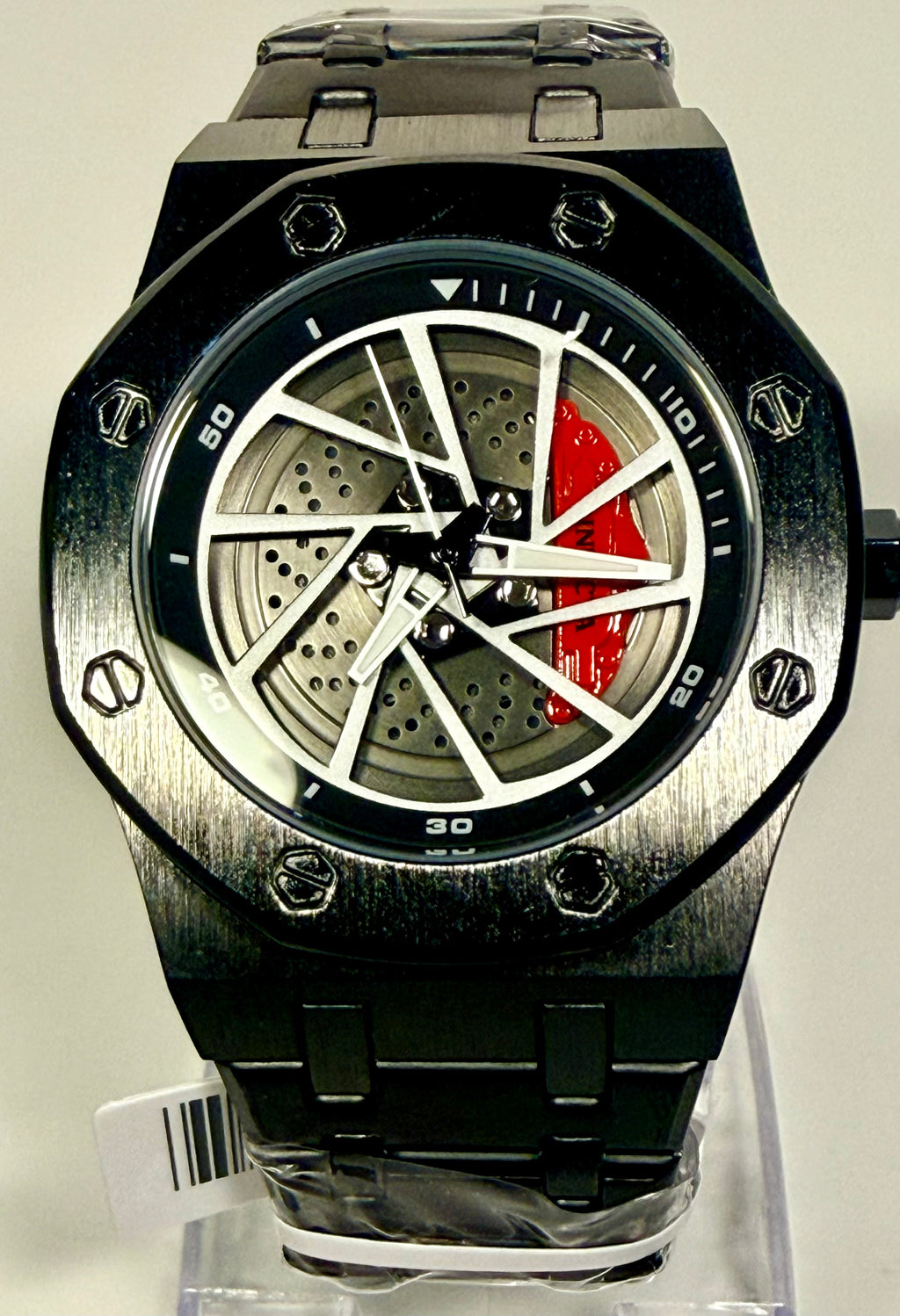 70036 Invicta Speedway Rim Mens 42mm Black Dial Chronograph Steel Bracelet Watch on pedestal