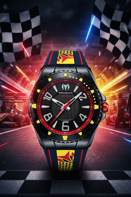 Techno Marine Racing Legends Wristwatch with a colorful strap on a white background