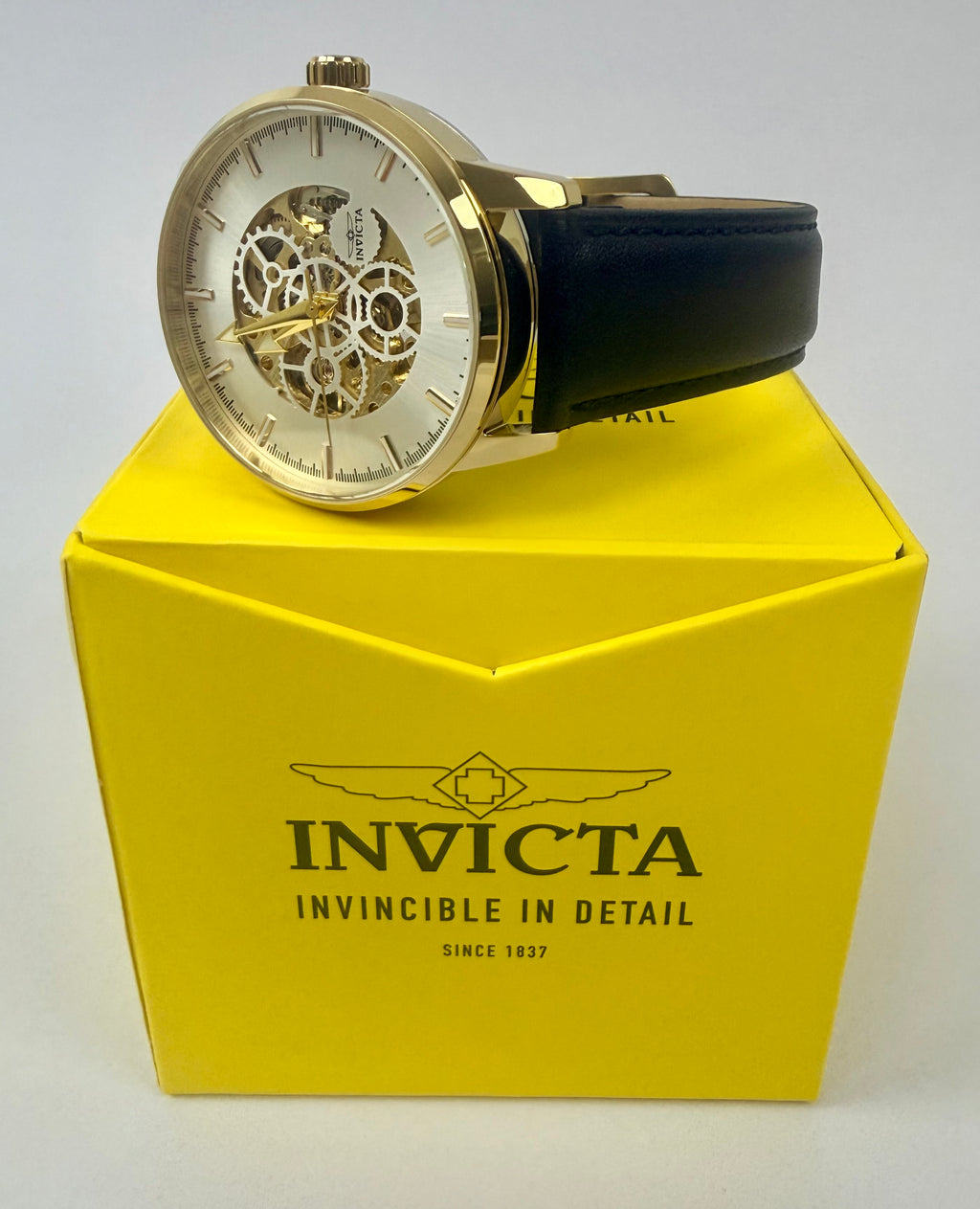 70029 Invicta Objet D'Art Automatic 44mm Gold Dial Black Leather Watch