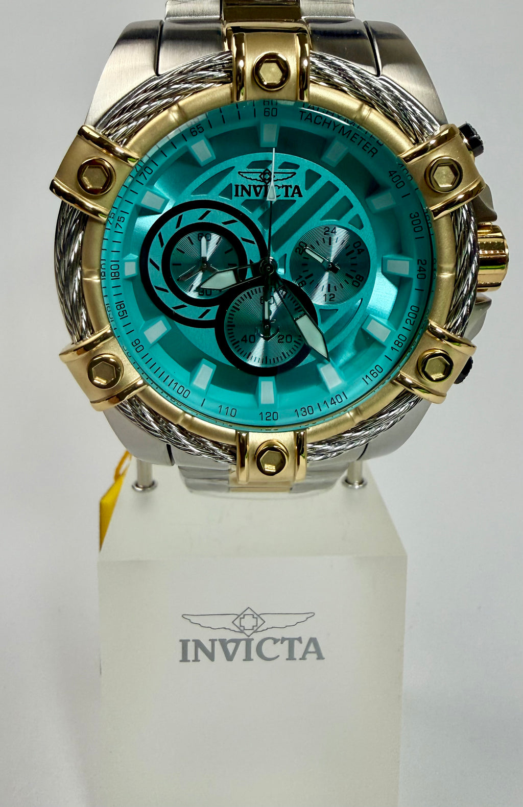 69802 Invicta Mens Bolt Valkir Gold 2 Tone Braided Steel Light Blue Dial 52mm Watch
