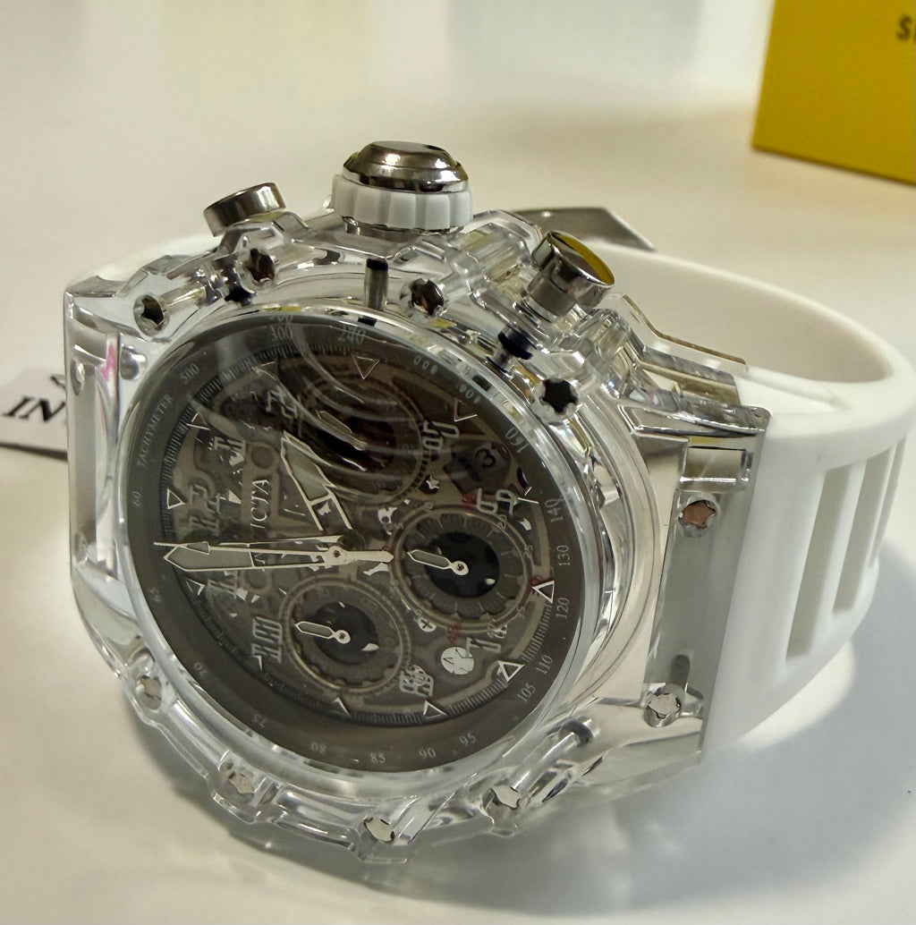 Mens Invicta Racing Vaulthan 44mm Watch with transparent case and white strap on a light background