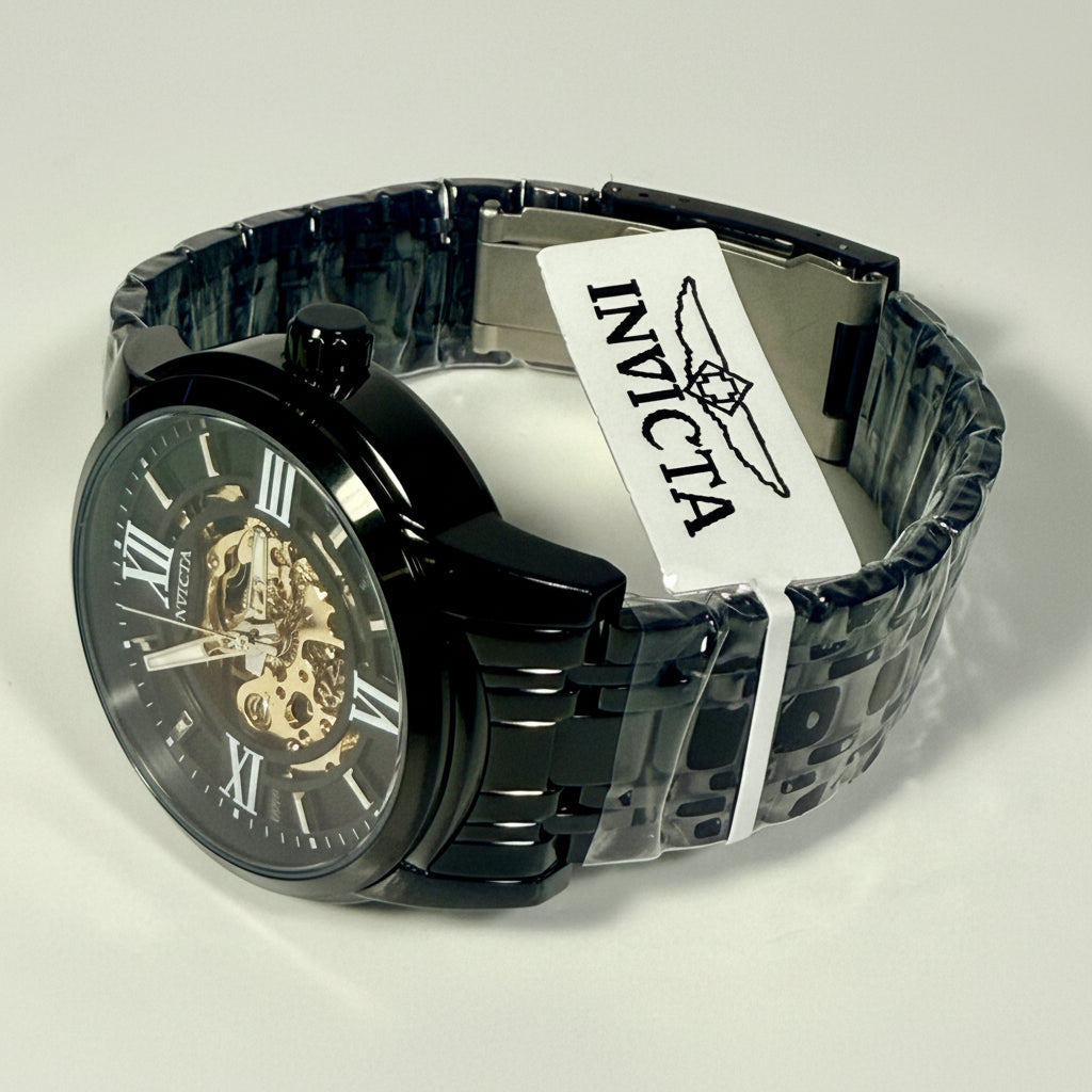 69507 Invicta Mens Objet D Art Artifice Automatic Skeleton Dial Stainless Steel lying flat