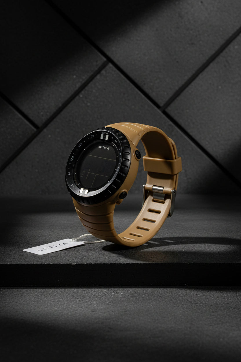 Activa X Odyssey  Brown watch with black face on a white surface, featuring an 'Activa' tag.