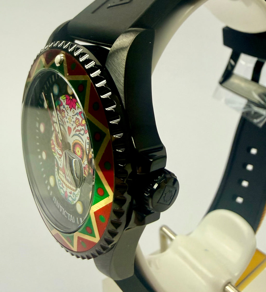 43754 Mens Pro Diver Dia De Los Muertos Skull 43mm Black Silicone Watch