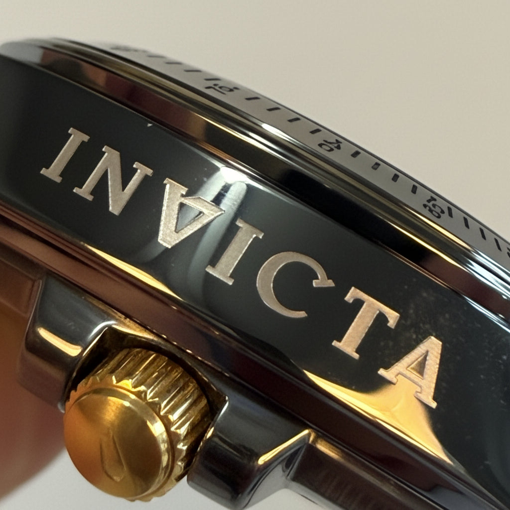 Close-up of a Invicta Speedway Torvane 17025 Men 39.5mm Chrono Steel Watch Black Textured Dial