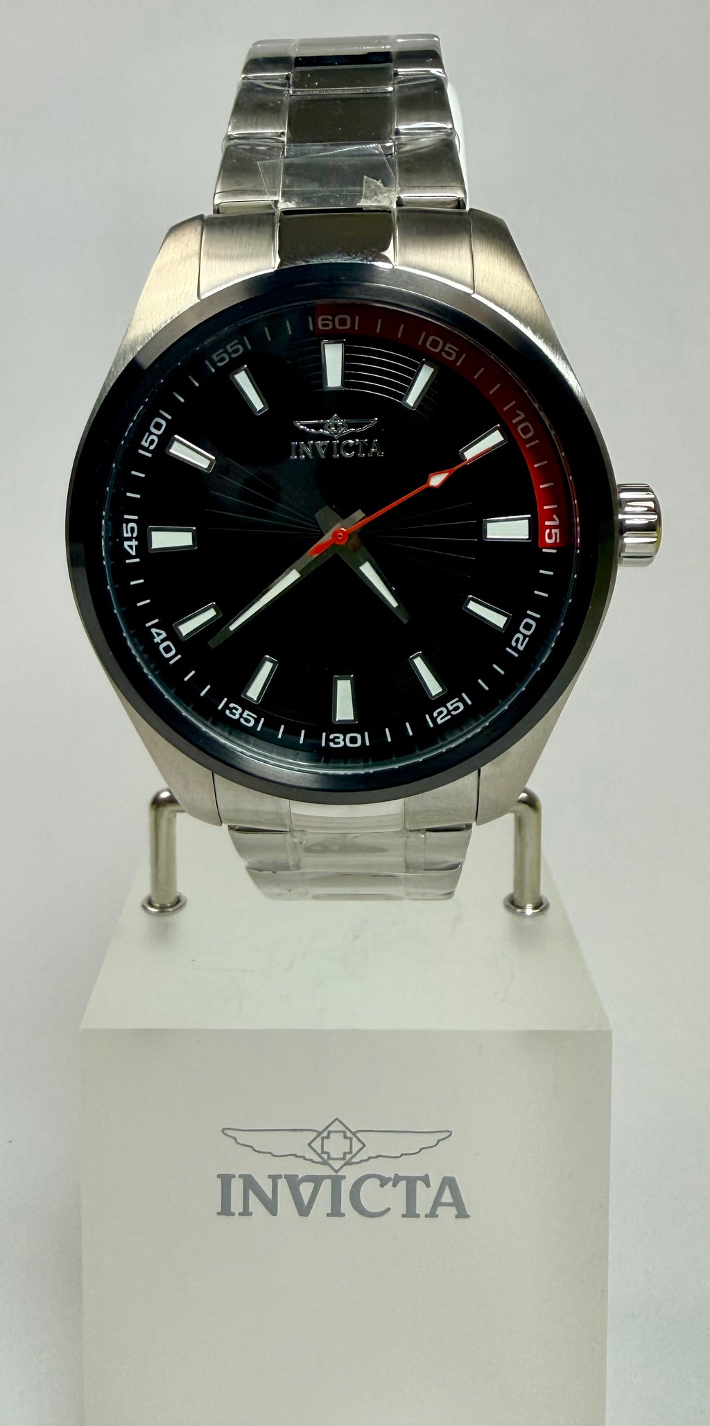 12829 Specialty Mens 45mm Case Stainless Steel Black Dial Red Accent
