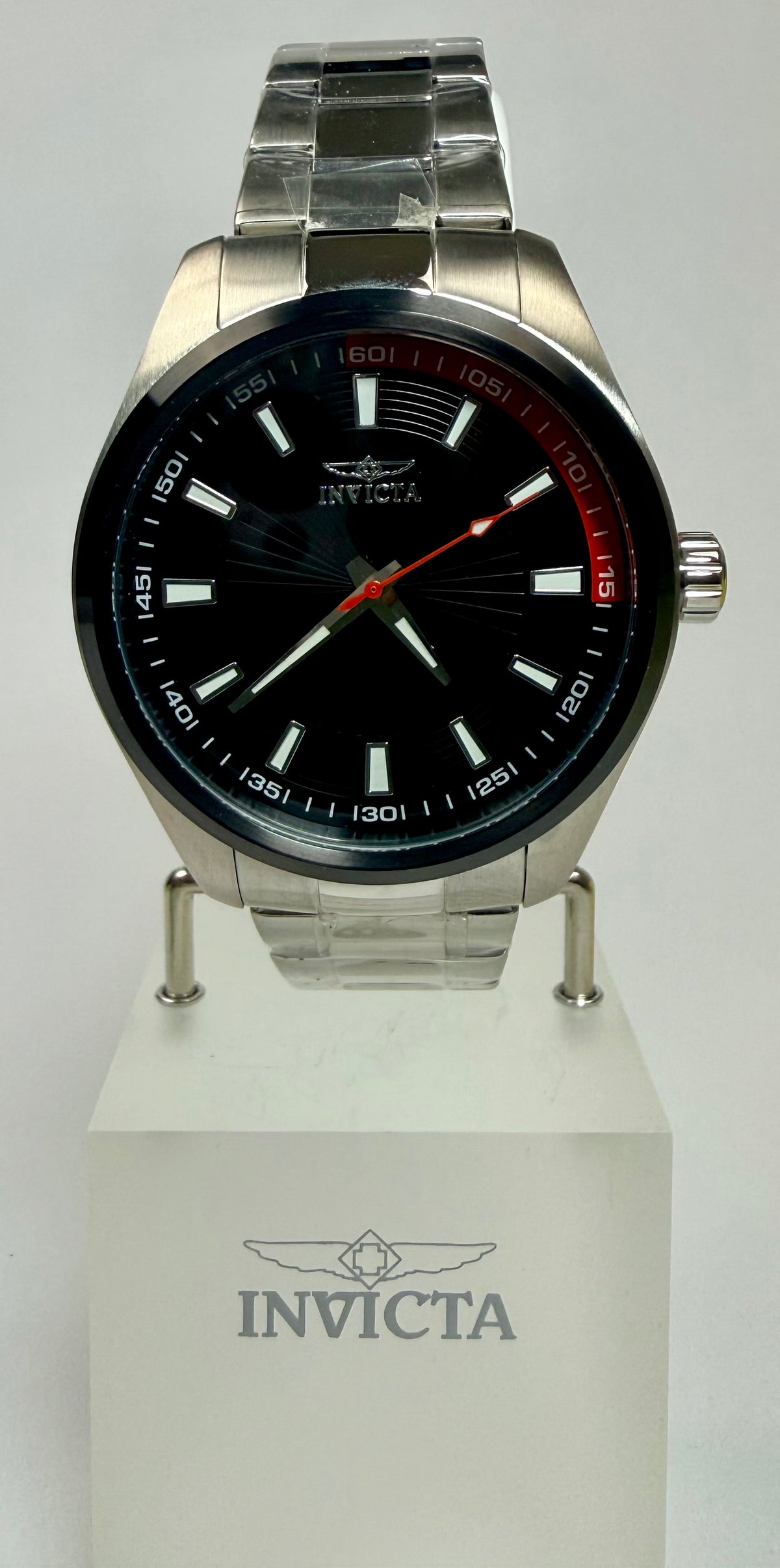 12829 Specialty Mens 45mm Case Stainless Steel Black Dial Red Accent