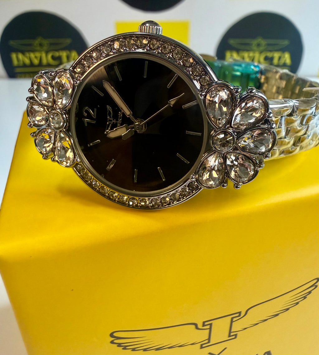 Invicta Ladies Wildflower 30mm  Silver watch with gemstones on a yellow box featuring Invicta logo