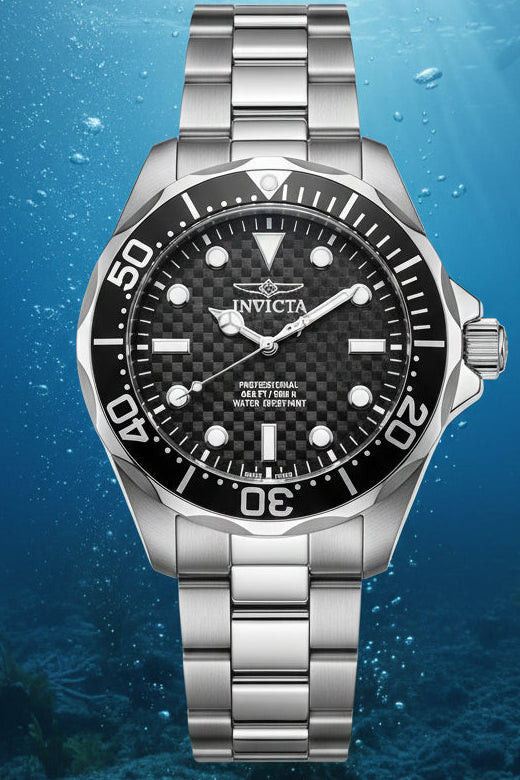 Invicta 47mm Mens Grand Diver Silver watch with black dial on a blue underwater background