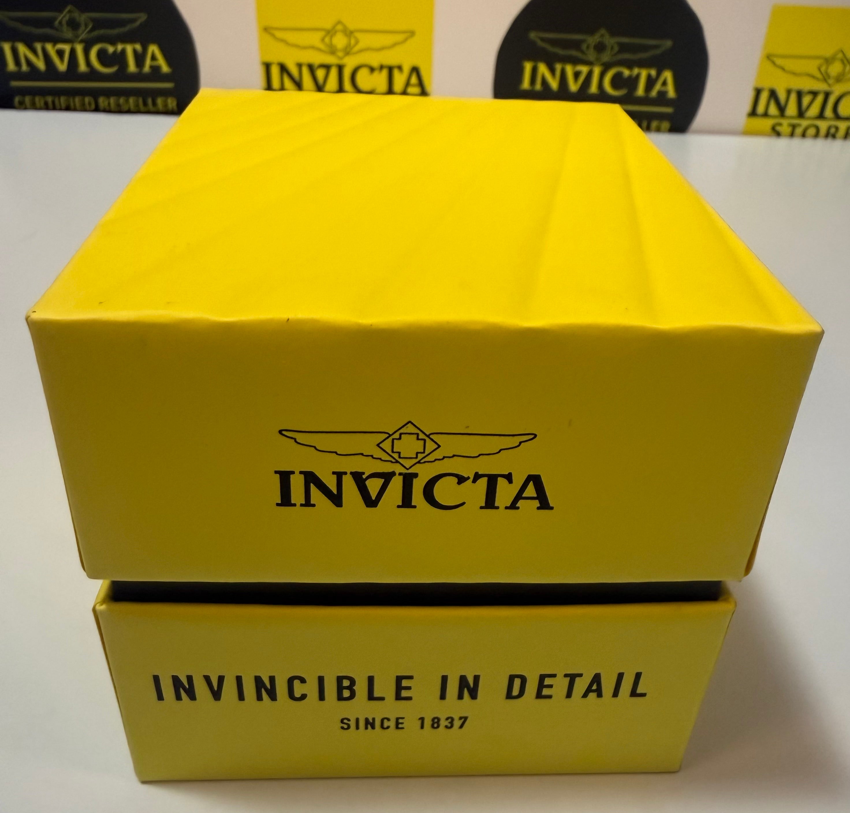 Yellow Invicta watch box with brand logo on a white background