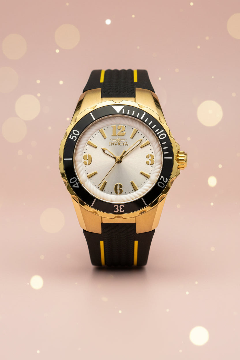 Invicta Ladies Angel Gold and black watch with a visible brand logo on a light gray background