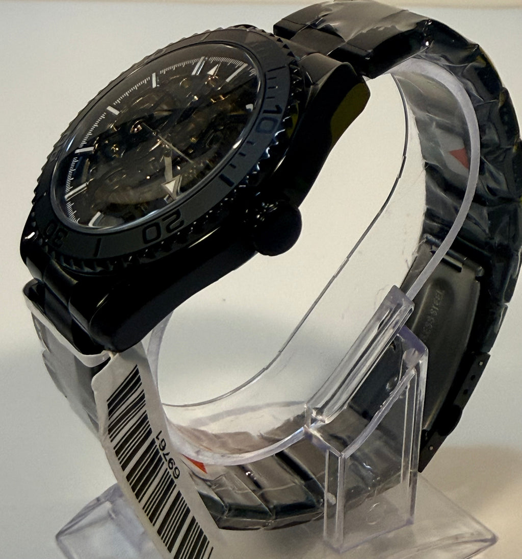 69507 Invicta Objet D Art Automatic Men Black Skeleton Dial Watch 41mm WR 30m on pedestal