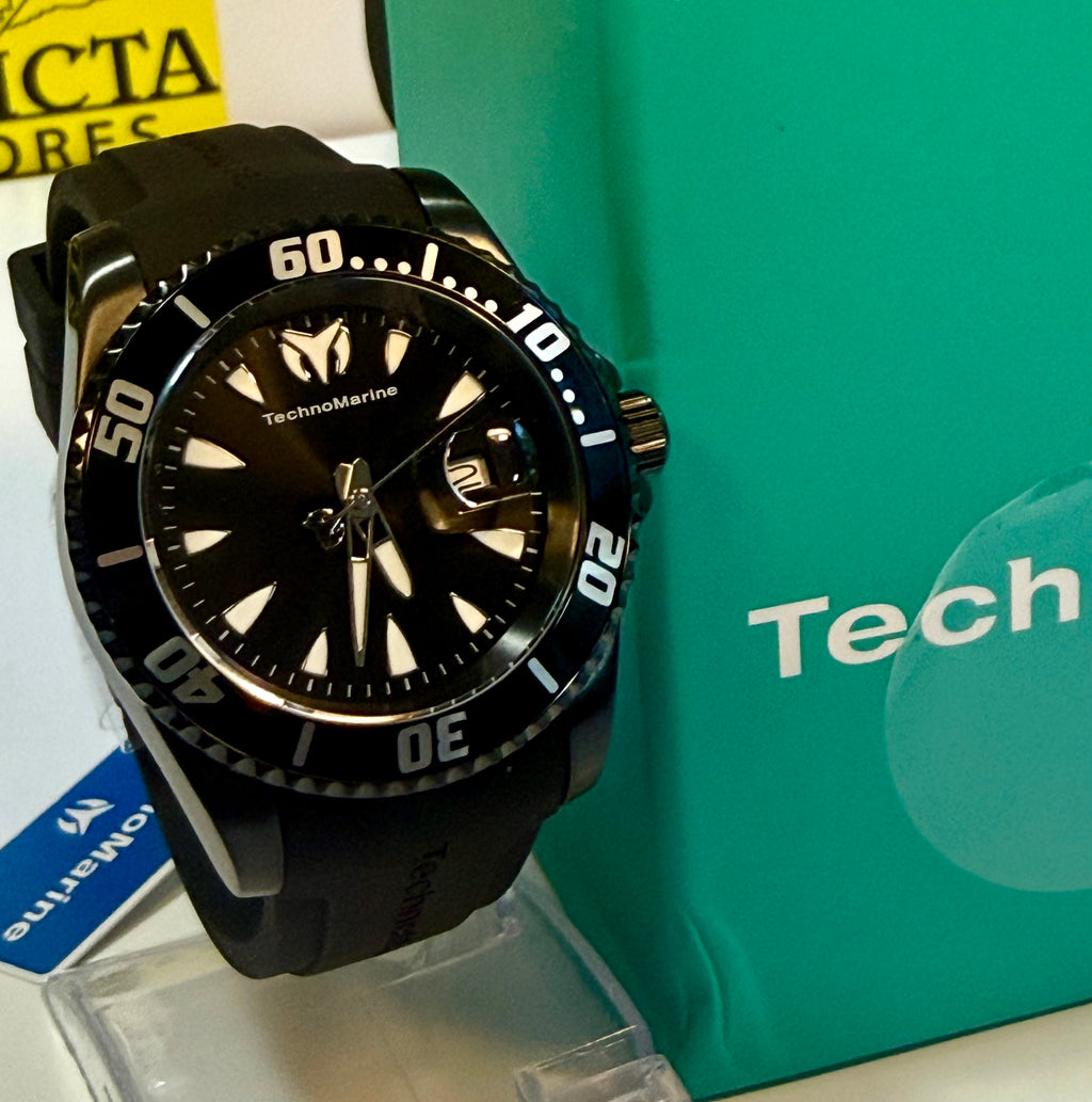 TechnoMarine 42mm Trible Black Manta Sea wristwatch with a visible brand logo on a green box background