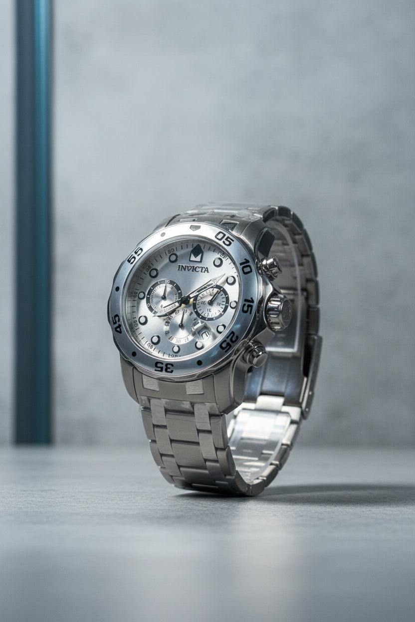 Invicta Pro Diver Scuba 48mm Silver watch with detailed face on a light gray background