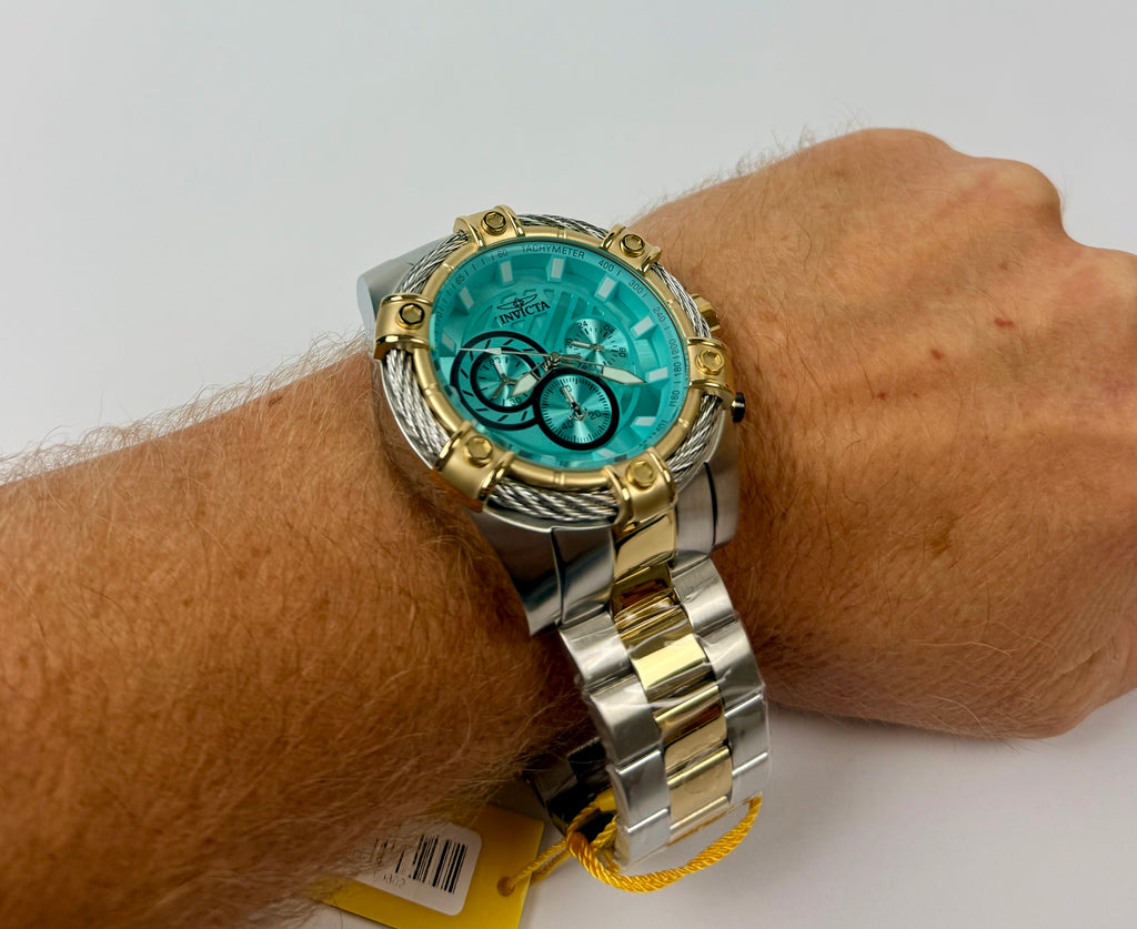69802 Invicta Mens Bolt Valkir Gold 2 Tone Braided Steel Light Blue Dial 52mm Watch