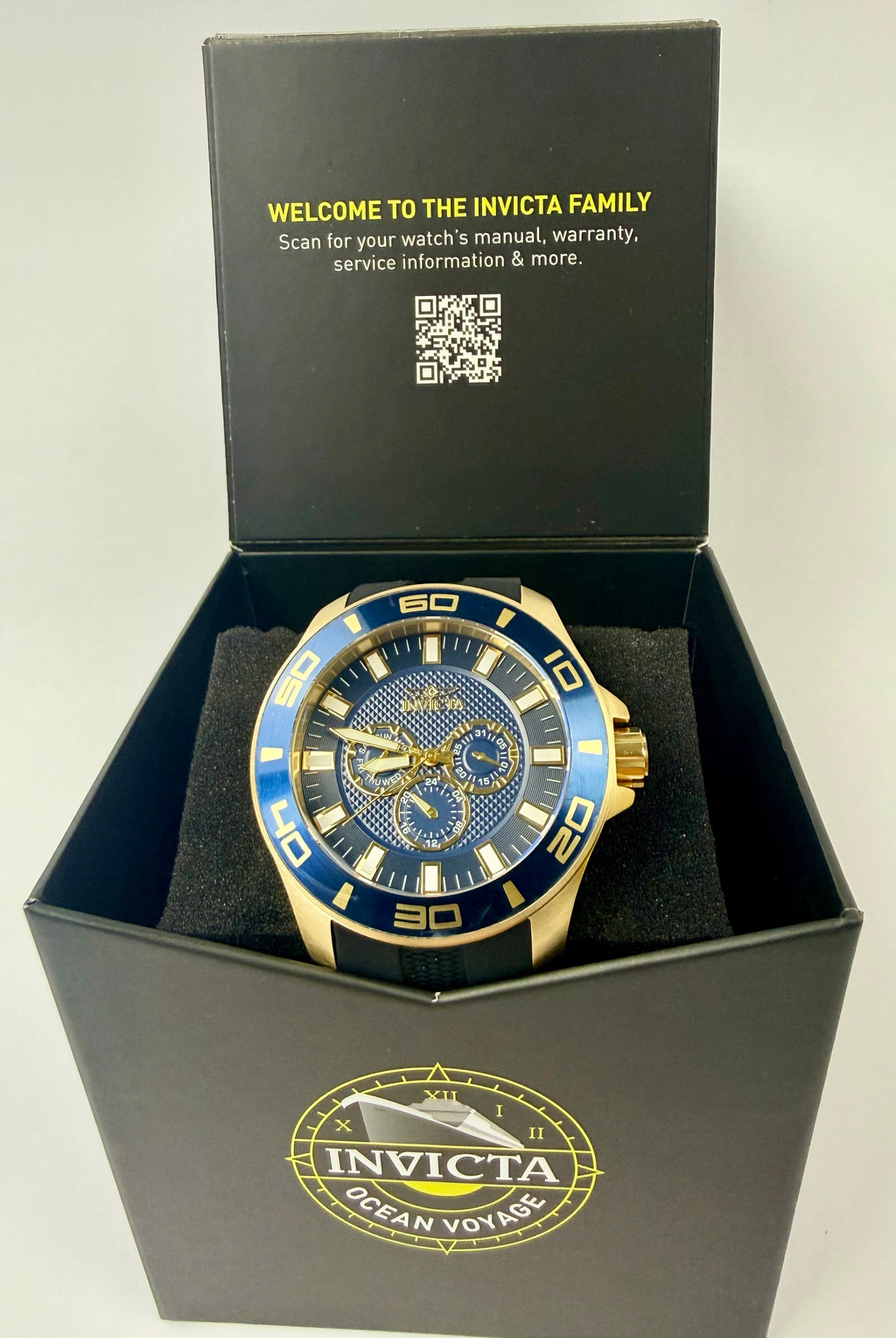 37185 Mens Pro Diver 50mm Case Gold and Blue Dial- Black Silicone Strap Watch
