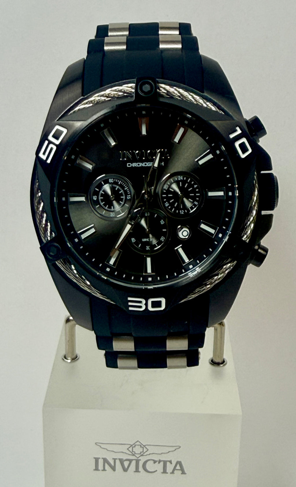 34145 Mens Invicta Bolt Vanguard 50mm Steel Black Dial Polyurethane Strap Watch 100M WR