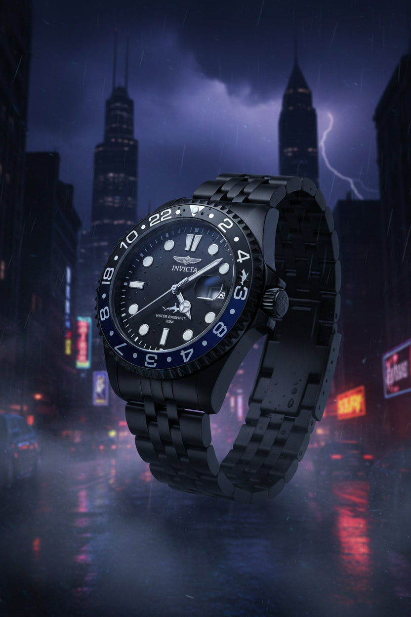 Invicta Mens Pro Diver Black and blue  watch with blue accents on a light gray background