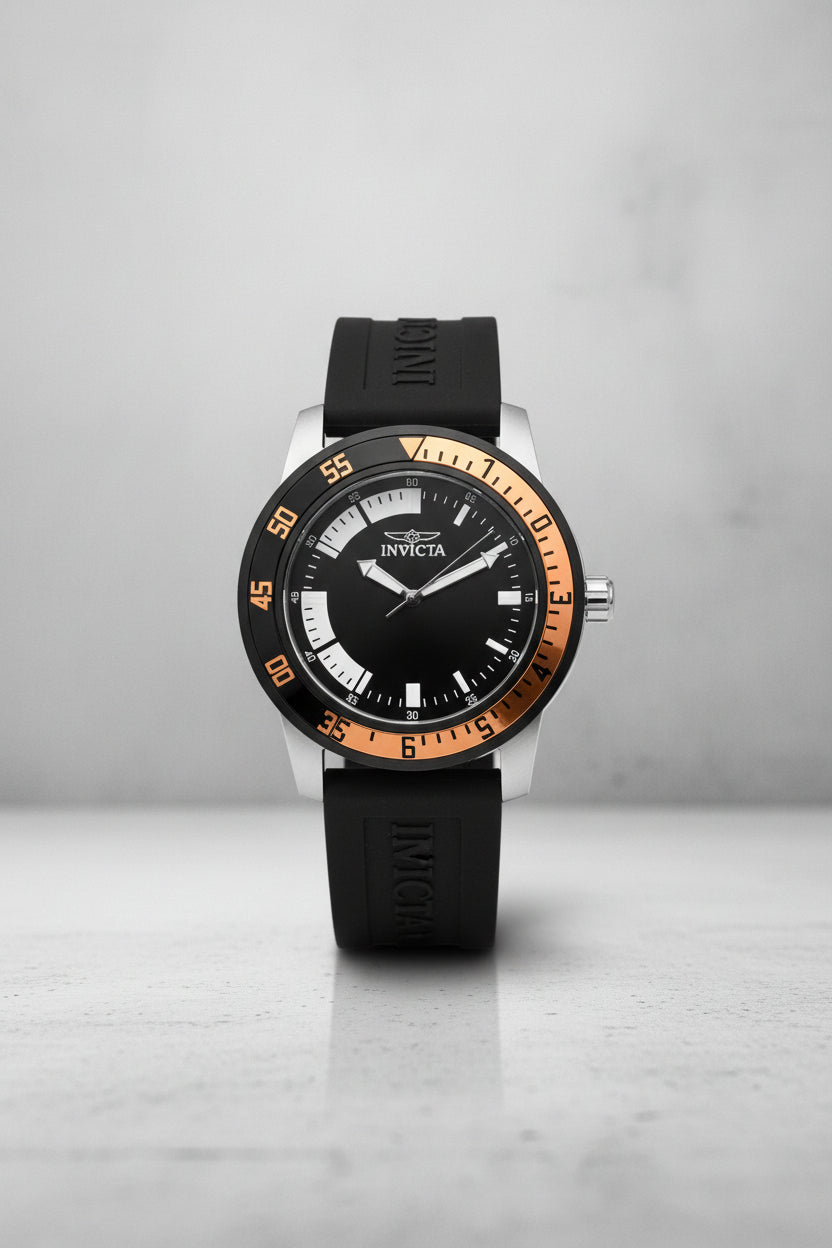 Invicta Specialty Compas in Bronze Black Invicta watch with a silver bezel on a light gray background
