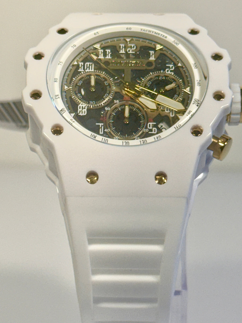 Invicta Men's Racing 43.5mm Quartz Watch IN-69649 Gold Dial White Silicone Strap