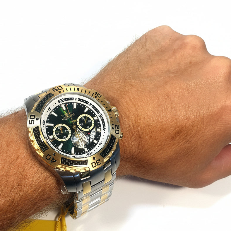 49852 Mens Pro Diver 51mm Goldtone Steel Abalone Dial Chronograph GMT Date Watch