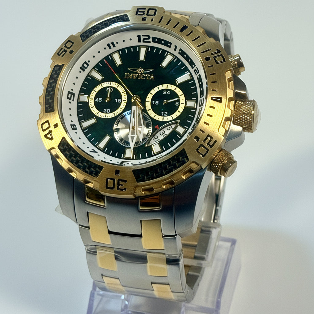 49852 Mens Pro Diver 51mm Goldtone Steel Abalone Dial Chronograph GMT Date Watch