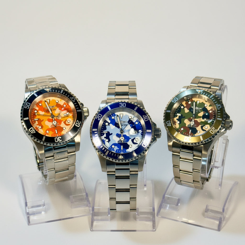 48567 48569 48570 Mens Pro Diver Camo Bundle CAMOFLAUGE 3 Watch Set 3 Dial Color on stands