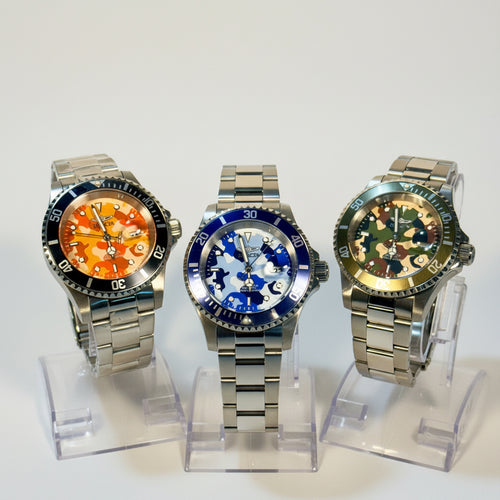 48567 48569 48570 Mens Pro Diver Camo Bundle CAMOFLAUGE 3 Watch Set 3 Dial Color on stands
