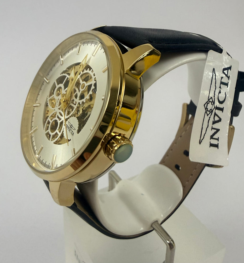 70029 Invicta Objet D'Art Automatic 44mm Gold Dial Black Leather Watch