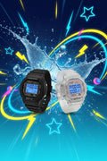 Activa ebony and Ivory Bundle Two digital watches, one black and one clear, on a white surface with an Invicta store sign.