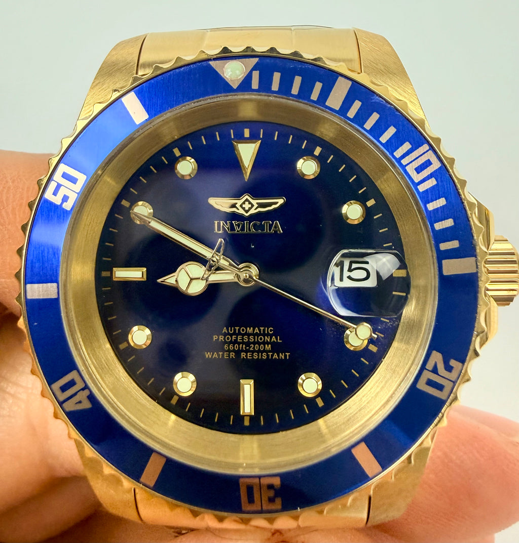 08930OBXL Invicta Mens Pro Diver Bathyos Automatic Gold Case Blue Bezel Black Dial