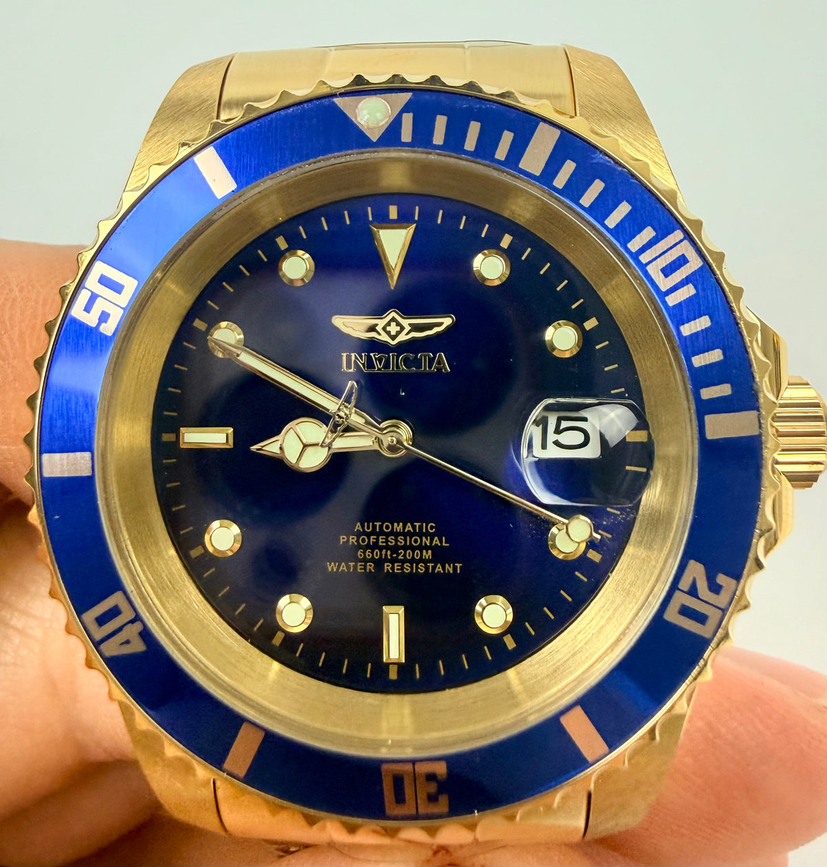 08930OBXL Invicta Mens Pro Diver Bathyos Automatic Gold Case Blue Bezel Black Dial