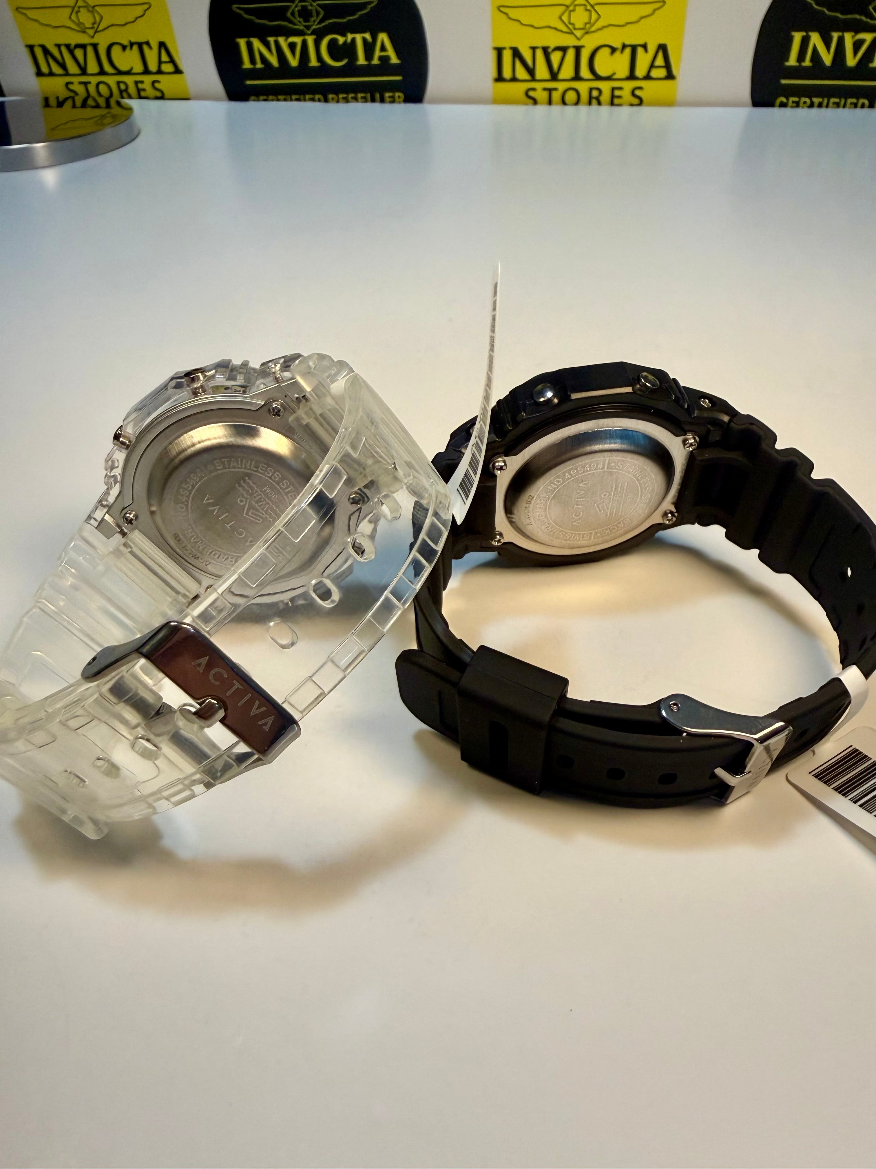 Activa ebony and Ivory Bundle Two watches, one clear and one black with brown strap, on a white surface with Invicta Stores branding in the background.