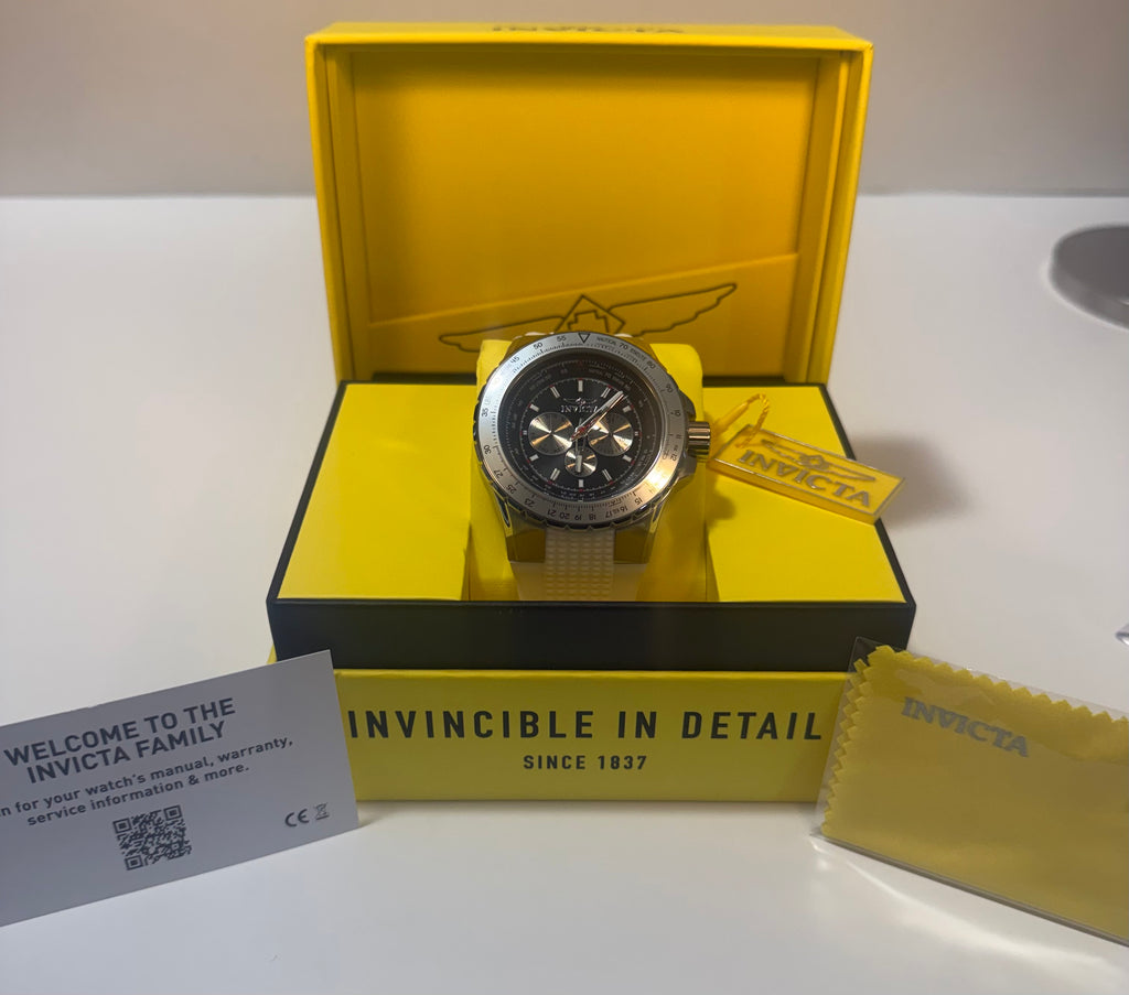 Invicta Aviator  Mens White Silicone Chronograph 50mm with yellow box and cloth on a white background