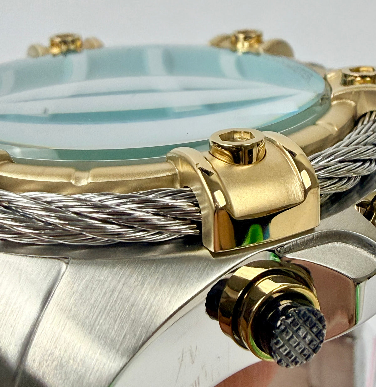 69802 Invicta Mens Bolt Valkir Gold 2 Tone Braided Steel Light Blue Dial 52mm Watch