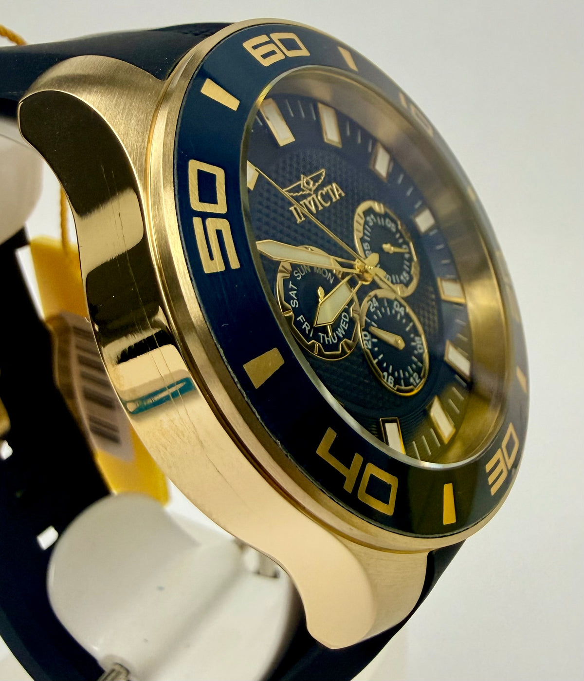 37185 Mens Pro Diver 50mm Case Gold and Blue Dial- Black Silicone Strap Watch