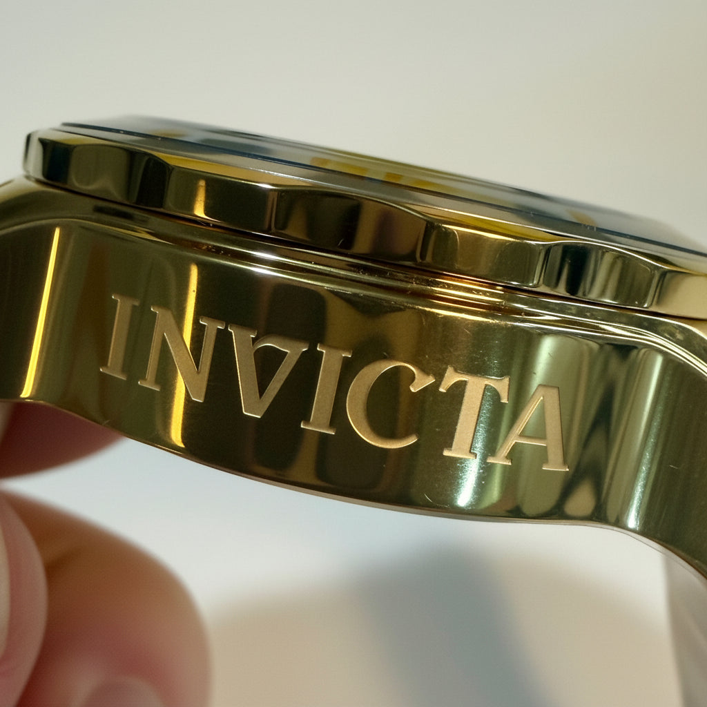 Gold Invicta watch case held by a hand on a white background