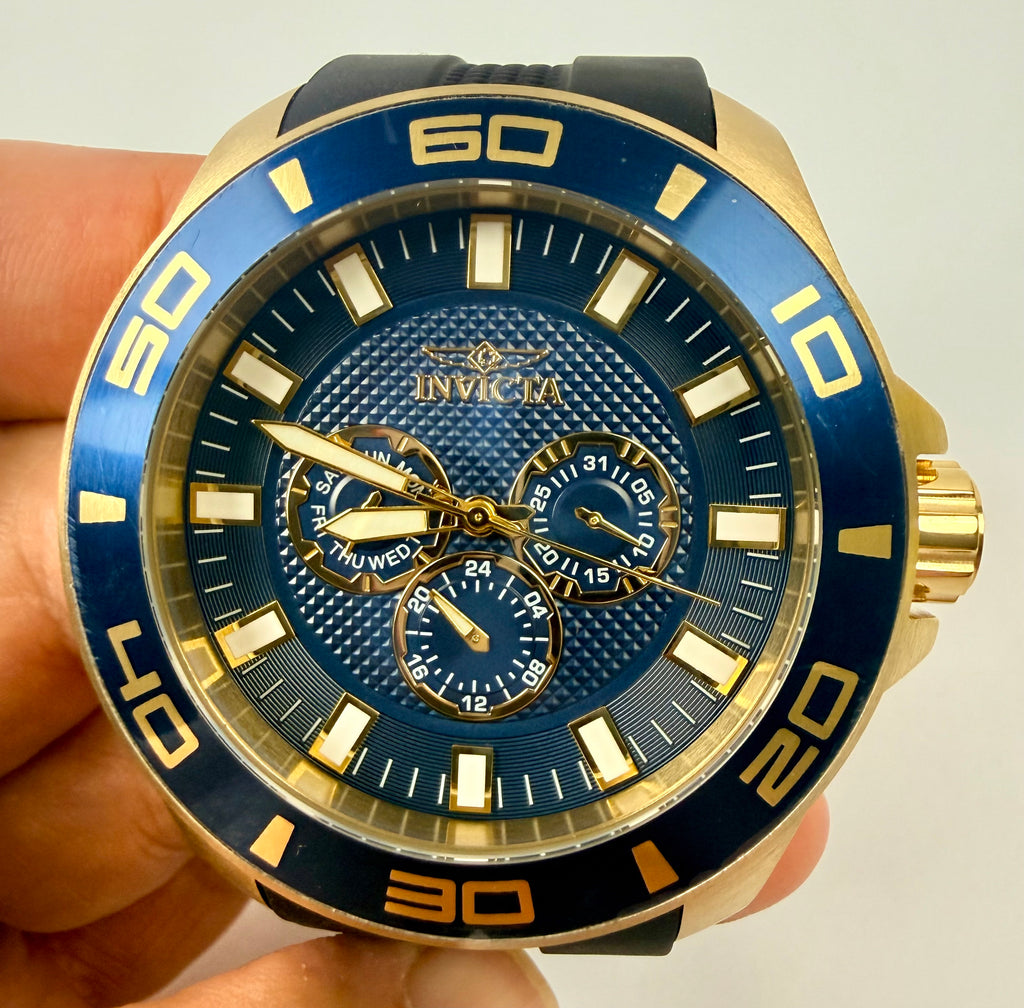37185 Mens Pro Diver 50mm Case Gold and Blue Dial- Black Silicone Strap Watch