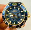 37185 Mens Pro Diver 50mm Case Gold and Blue Dial- Black Silicone Strap Watch