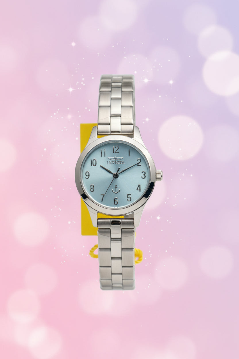 Invicta Ladies Ocean Voyage Silver watch with a blue face on a gray background