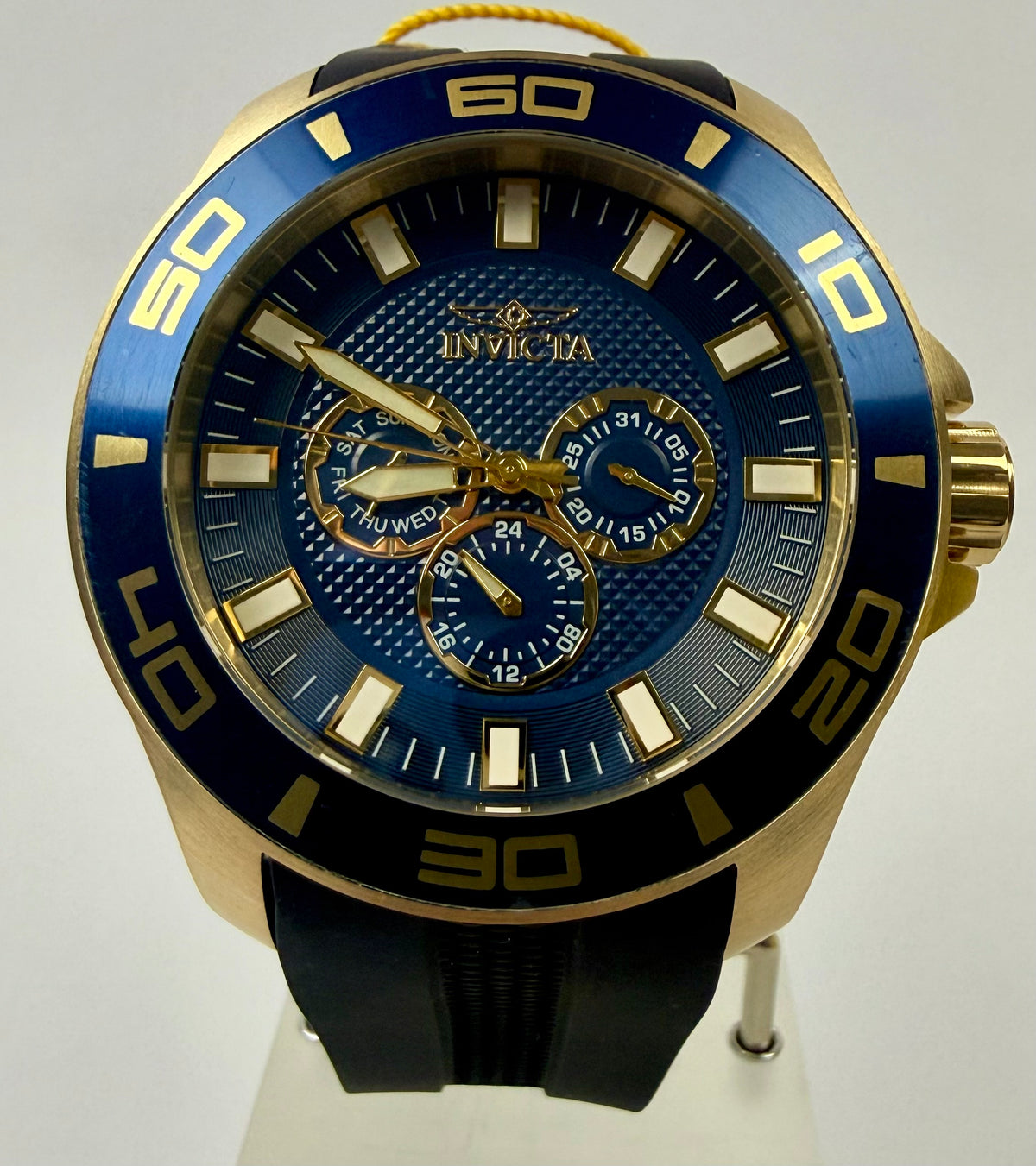 37185 Mens Pro Diver 50mm Case Gold and Blue Dial- Black Silicone Strap Watch