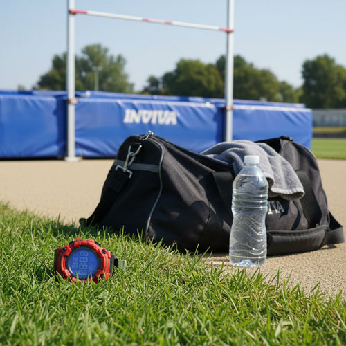 Black Activa Sports Watch bag with water bottle and towel on grass field, Invcta branding in background
