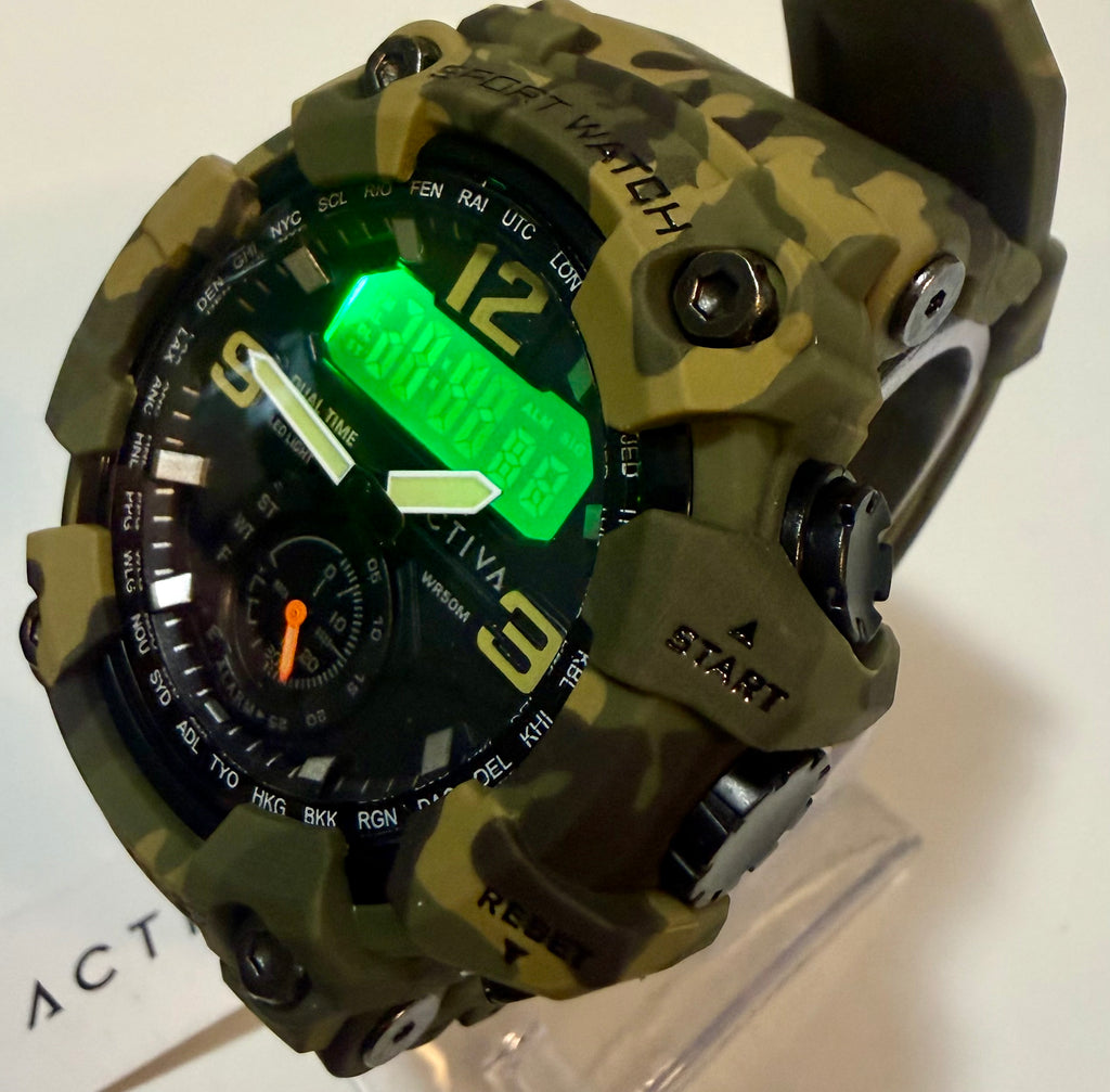 Activa X Black Ops 52mm Camouflage digital watch with green display on a white background